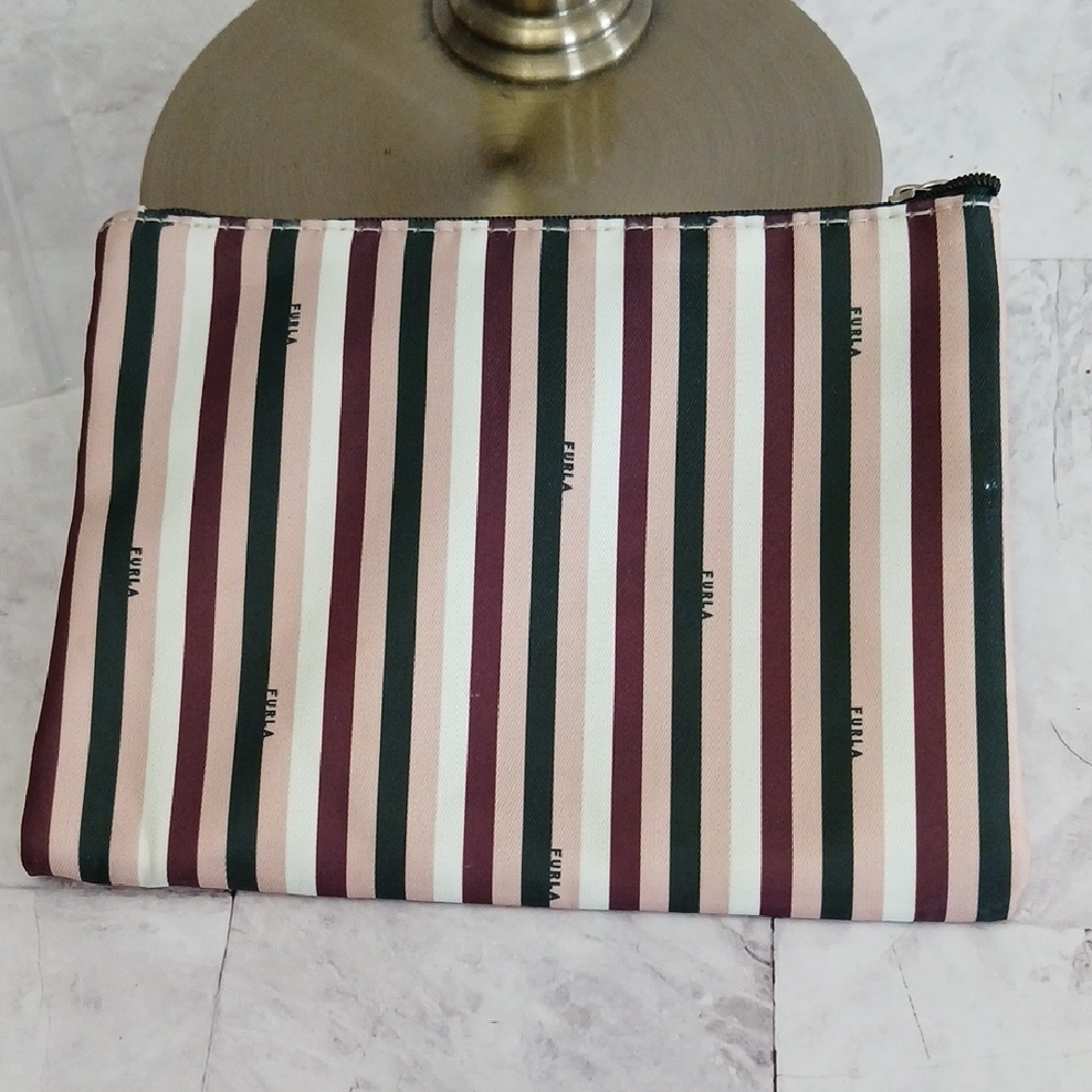 Furla Striped Zip Pouch in Burgundy, Dark Green & Cream